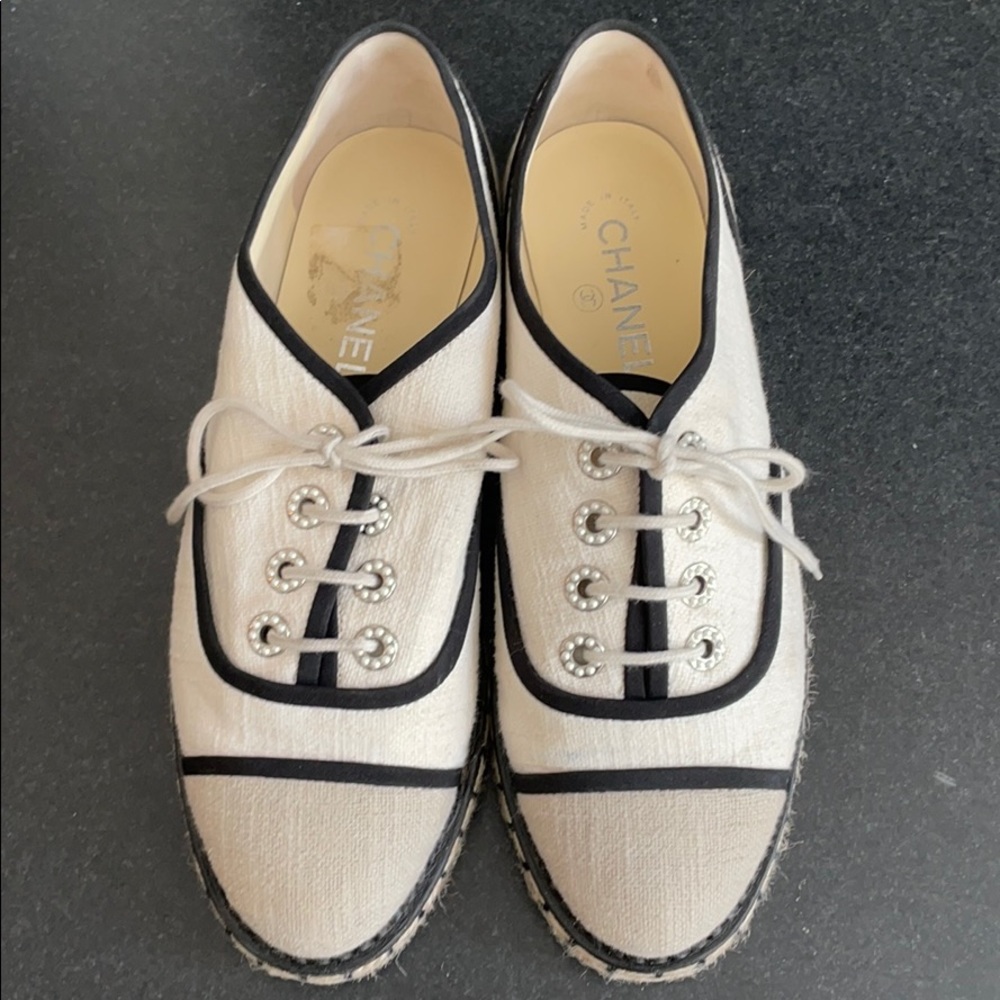 38.5 Chanel Lace Up Cotton Espadrilles - W…